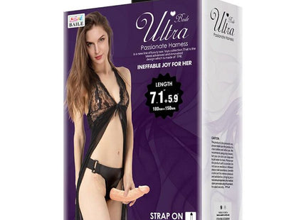 Schwarzes baile ultra Spitzenharness mit doppeltem dildoanhang für leidenschaftliche doppelnutzung