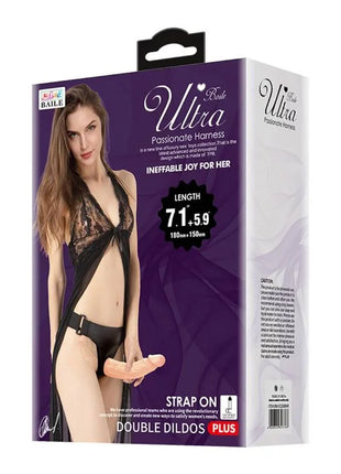 Schwarzes baile ultra Spitzenharness mit doppeltem dildoanhang für leidenschaftliche doppelnutzung