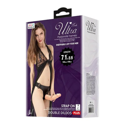 Schwarzes baile ultra Spitzenharness mit doppeltem dildoanhang für leidenschaftliche doppelnutzung