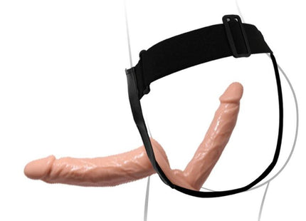 Baile ultra leidenschaftlicher doppelter dildo mit schwarzem elastischem harness und verstellbarer schnalle mit pfirsichfarbenem silikon dildo