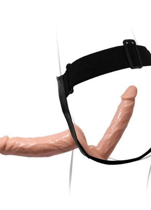 Baile ultra leidenschaftlicher doppelter dildo mit schwarzem elastischem harness und verstellbarer schnalle mit pfirsichfarbenem silikon dildo