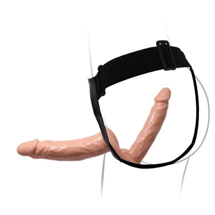 Baile ultra leidenschaftlicher doppelter dildo mit schwarzem elastischem harness und verstellbarer schnalle mit pfirsichfarbenem silikon dildo