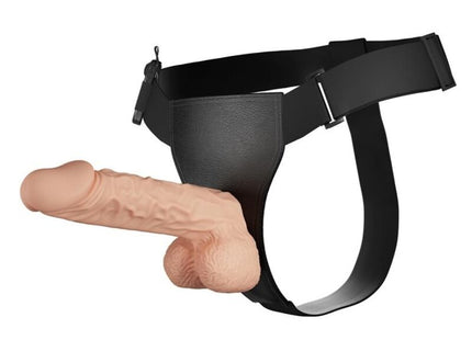 Schwarzes baile leder-geschirr mit beigefarbenem silikon-penisaufsatz 24 cm natural für leidenschaftlichen gebrauch