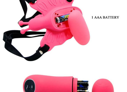 Baile ultra leidenschaftliches schmetterlingsgeschirr mit fernbedienung pinker silikonvibrator mit schwarzen verstellbaren riemen und abnehmbarem griff