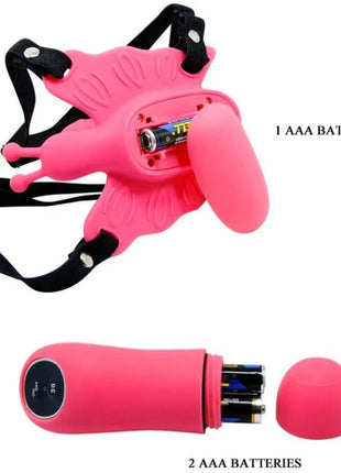 Baile ultra leidenschaftliches schmetterlingsgeschirr mit fernbedienung pinker silikonvibrator mit schwarzen verstellbaren riemen und abnehmbarem griff