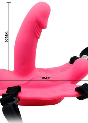 Rosa Silikon-Erotikspielzeug mit schwarzen verstellbaren Gurten.