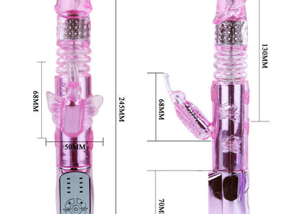 Pink-transparenter kunststoff kaninchen-vibrator mit silbernen metallakzenten und bedienfeld am fuß von baile