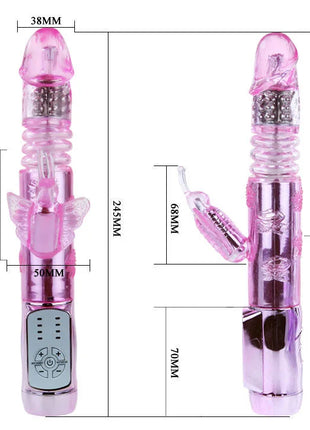 Pink-transparenter kunststoff kaninchen-vibrator mit silbernen metallakzenten und bedienfeld am fuß von baile