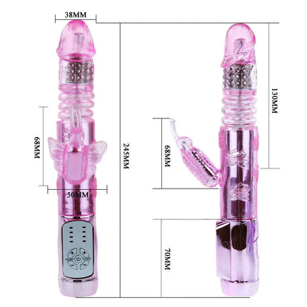 Pink-transparenter kunststoff kaninchen-vibrator mit silbernen metallakzenten und bedienfeld am fuß von baile