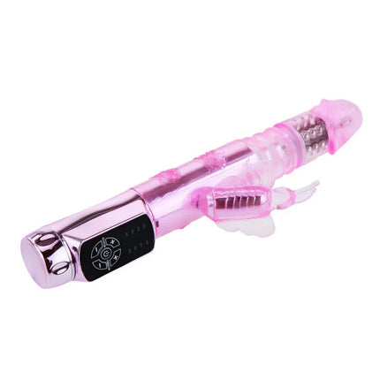 Rosa transluzenter kaninchen-vibrator mit metallisch silberner steuerung und sichtbaren mechanischen komponenten von BAILE