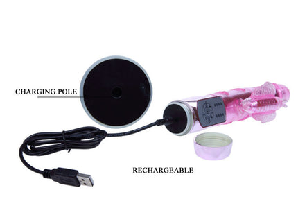 Pink transparenter silikon ladevibrator mit klarem zylinderkörper und dekorativen texturierten enden von baile us kaninchen pohnender schmetterling