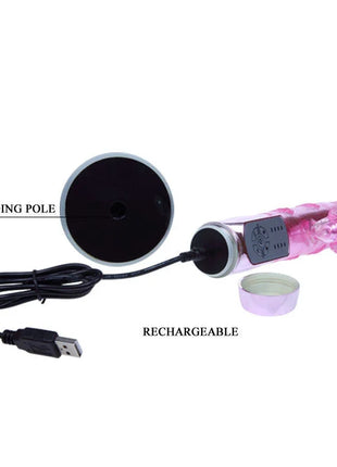 Pink transparenter silikon ladevibrator mit klarem zylinderkörper und dekorativen texturierten enden von baile us kaninchen pohnender schmetterling