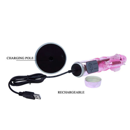 Pink transparenter silikon ladevibrator mit klarem zylinderkörper und dekorativen texturierten enden von baile us kaninchen pohnender schmetterling