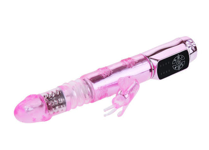 Baile us kaninchen pohnender schmetterling pinker transparenter vibrator mit metallic pinkem griff und bedienfeld