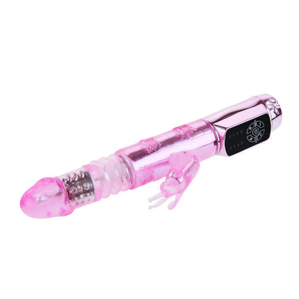 Baile us kaninchen pohnender schmetterling pinker transparenter vibrator mit metallic pinkem griff und bedienfeld