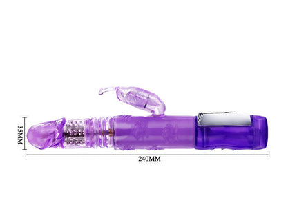 Lila durchsichtiger rabbit-vibrator aus kunststoff mit silberner bedienleiste am boden von baile us rabbit butter prince