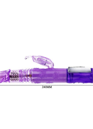 Lila durchsichtiger rabbit-vibrator aus kunststoff mit silberner bedienleiste am boden von baile us rabbit butter prince