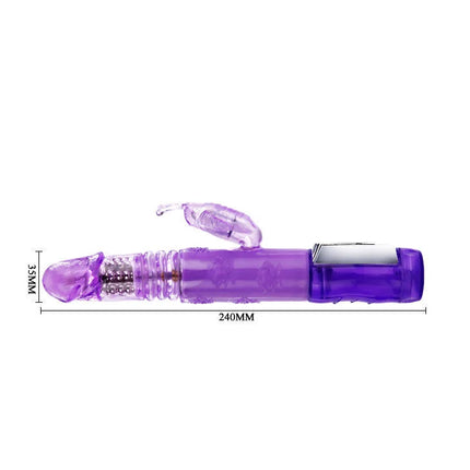 Lila durchsichtiger rabbit-vibrator aus kunststoff mit silberner bedienleiste am boden von baile us rabbit butter prince