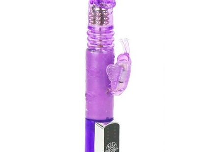 Lila transparenter kunststoff rabbit vibrator mit schmetterlingsaufsatz und silbernem bedienfeld von baile prince