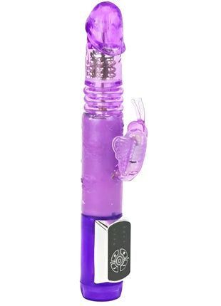 Lila transparenter kunststoff rabbit vibrator mit schmetterlingsaufsatz und silbernem bedienfeld von baile prince