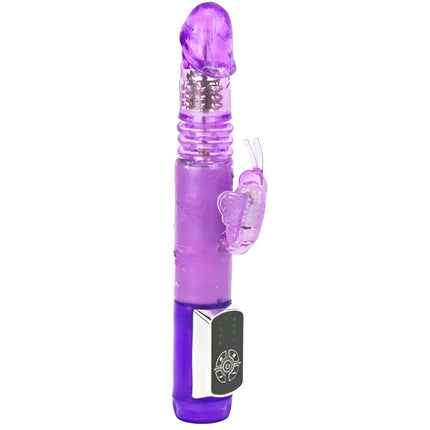 Lila transparenter kunststoff rabbit vibrator mit schmetterlingsaufsatz und silbernem bedienfeld von baile prince