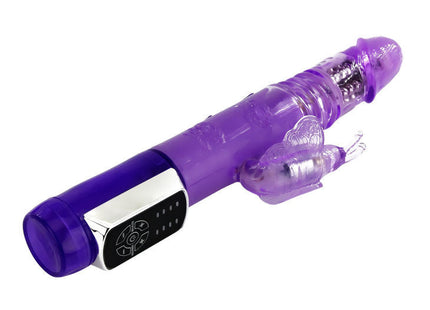 Lila durchscheinender silikon vibrator mit silberner bedienung und transparenter schmetterlingsverzierung von baile us rabbit butter prince