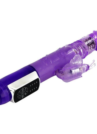 Lila durchscheinender silikon vibrator mit silberner bedienung und transparenter schmetterlingsverzierung von baile us rabbit butter prince