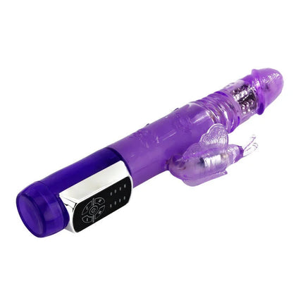 Lila durchscheinender silikon vibrator mit silberner bedienung und transparenter schmetterlingsverzierung von baile us rabbit butter prince