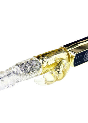 Goldfarbener transparenter silikon rabbit vibrator mit schwarzem bedienfeld von baisse us rabbit gold prince