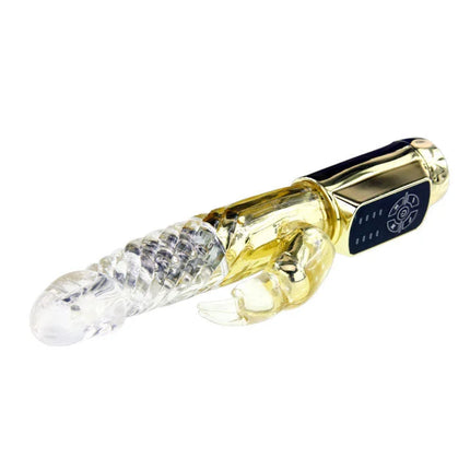 Goldfarbener transparenter silikon rabbit vibrator mit schwarzem bedienfeld von baisse us rabbit gold prince