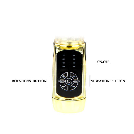Goldfarbenes BAILE US Rabbit Gold Prince elektronisches zylindrisches gerät mit schwarzer steuerung für rotation vibration und strom