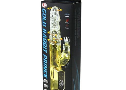 Transparent gelber rabbit-vibrator aus Kunststoff mit goldenem Sockel und Bedienfeld von BAILE US Rabbit Gold Prince
