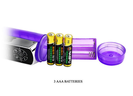 Rückseite des baile us rabbit passion baron mit durchsichtigem lila batteriefach und silbernem bedienfeld mit drei aaa batterien