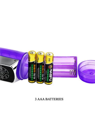 Rückseite des baile us rabbit passion baron mit durchsichtigem lila batteriefach und silbernem bedienfeld mit drei aaa batterien