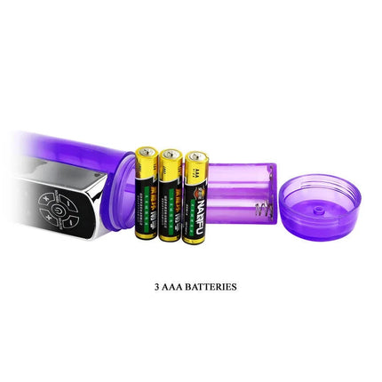 Rückseite des baile us rabbit passion baron mit durchsichtigem lila batteriefach und silbernem bedienfeld mit drei aaa batterien