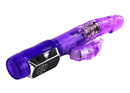 Purple transparenter plastikkaninchen-vibrator mit silberner bedienleiste und schwarzen tasten von baile us rabbit passion baron