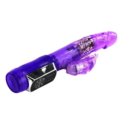 Purple transparenter plastikkaninchen-vibrator mit silberner bedienleiste und schwarzen tasten von baile us rabbit passion baron