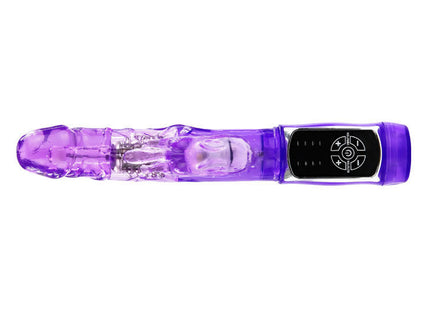 Purple transparenter plastikvibrator mit schwarzer bedienung und weißen symbolen baile us rabbit passion baron