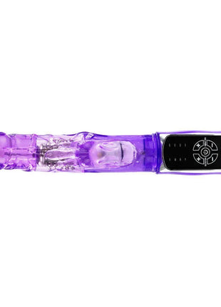 Purple transparenter plastikvibrator mit schwarzer bedienung und weißen symbolen baile us rabbit passion baron