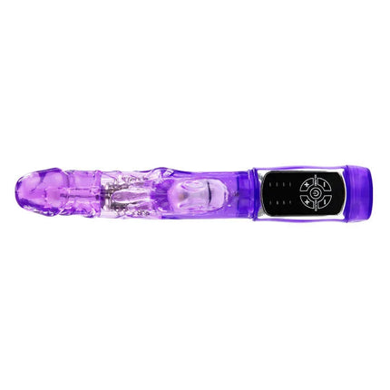 Purple transparenter plastikvibrator mit schwarzer bedienung und weißen symbolen baile us rabbit passion baron