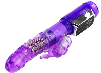 Lila durchsichtiger plastik-hasen-vibrator mit silbernem bedienfeld und sichtbaren perlen von baile us rabbit passion baron