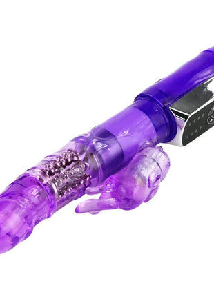 Lila durchsichtiger plastik-hasen-vibrator mit silbernem bedienfeld und sichtbaren perlen von baile us rabbit passion baron