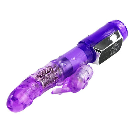 Lila durchsichtiger plastik-hasen-vibrator mit silbernem bedienfeld und sichtbaren perlen von baile us rabbit passion baron