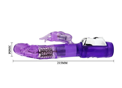 Baile us super sex rabbit ist ein lila transparenter plastikhase vibrator mit silbernem metallknopf und kugellager innen