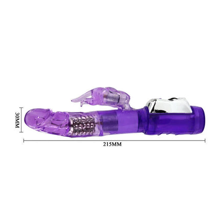 Baile us super sex rabbit ist ein lila transparenter plastikhase vibrator mit silbernem metallknopf und kugellager innen