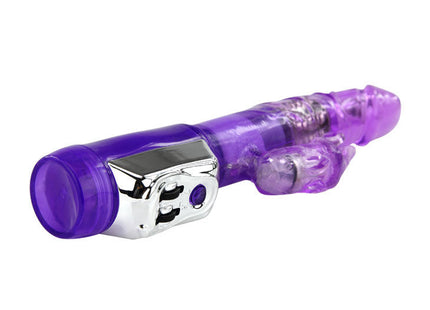 Lila transparenter plastikvibrator mit silberner metallischer steuerung und lila led licht von baie us super sex rabbit