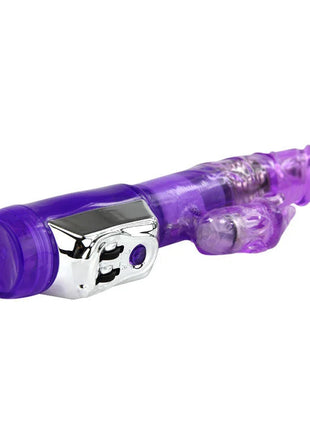 Lila transparenter plastikvibrator mit silberner metallischer steuerung und lila led licht von baie us super sex rabbit