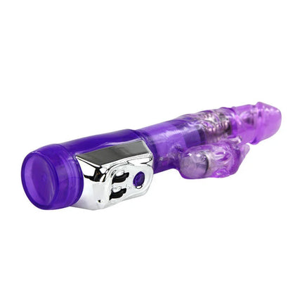 Lila transparenter plastikvibrator mit silberner metallischer steuerung und lila led licht von baie us super sex rabbit