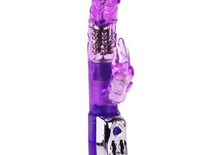 Lila durchsichtiger plastikrabbit vibrator mit silberner metallbasis und bedienknopf von baie us super sex rabbit