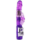 Lila durchsichtiger plastikrabbit vibrator mit silberner metallbasis und bedienknopf von baie us super sex rabbit